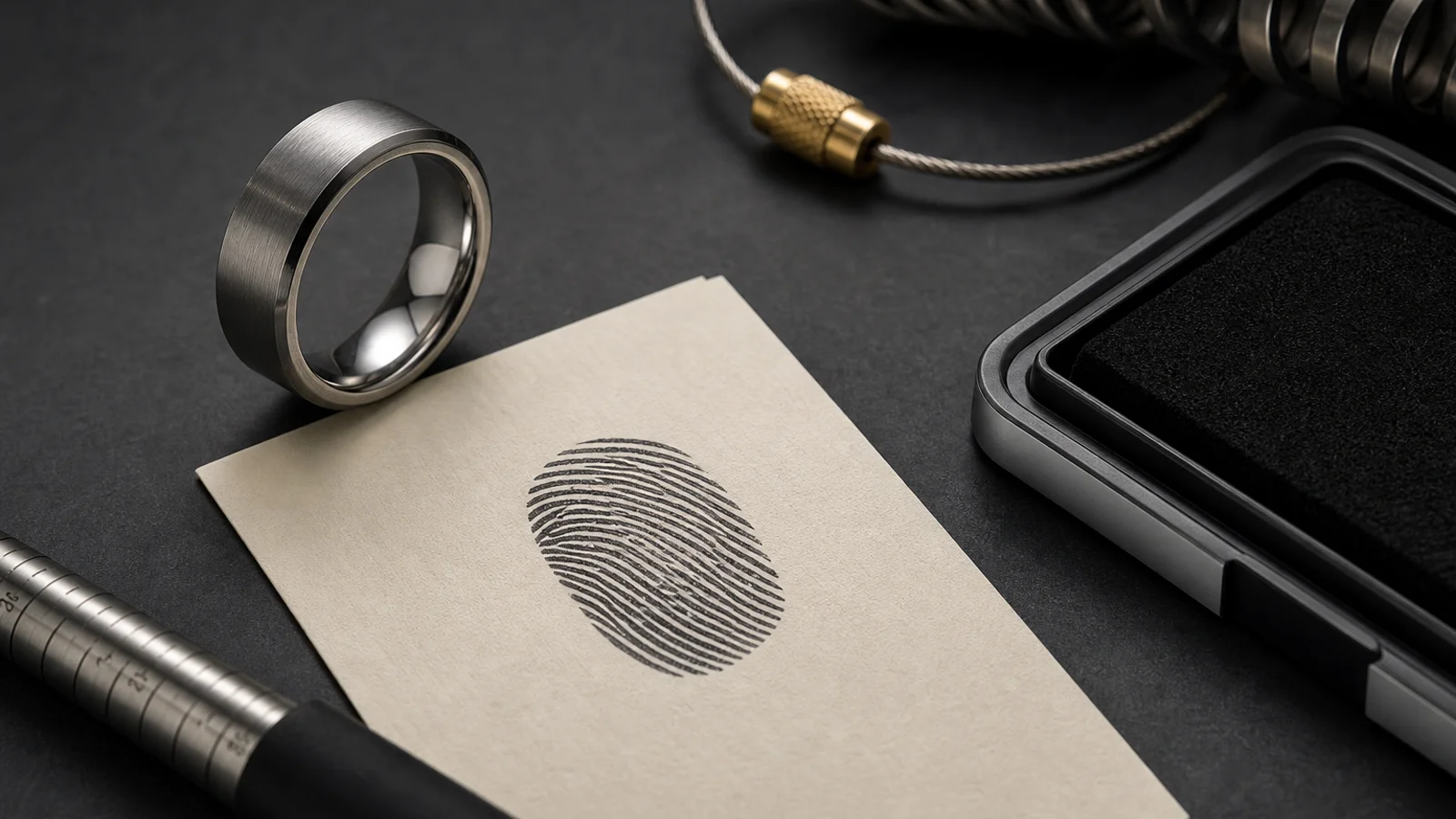 Fingerprints and handwriting converted into a balanced memorial ring layout with one focused outside mark