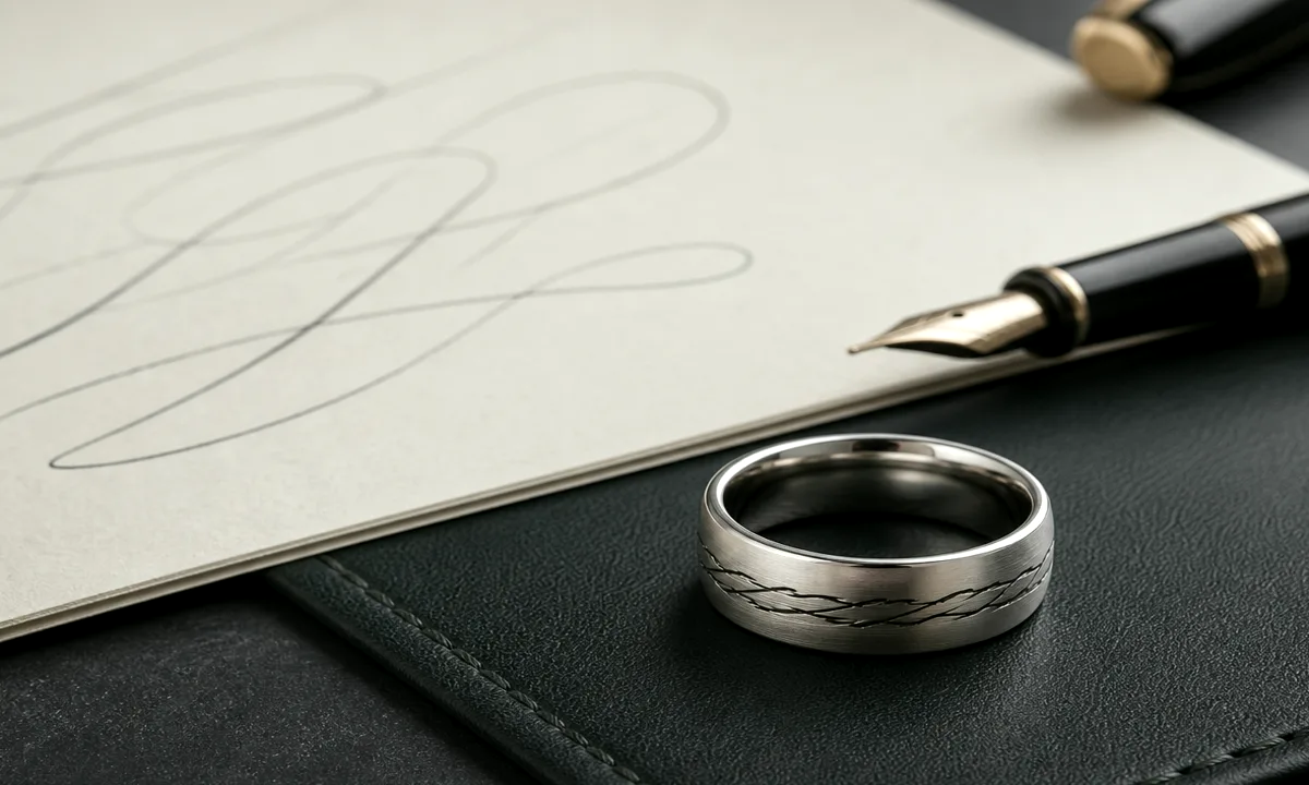 Memorial fingerprint ring with inside engraving planning notes and a quiet silver band