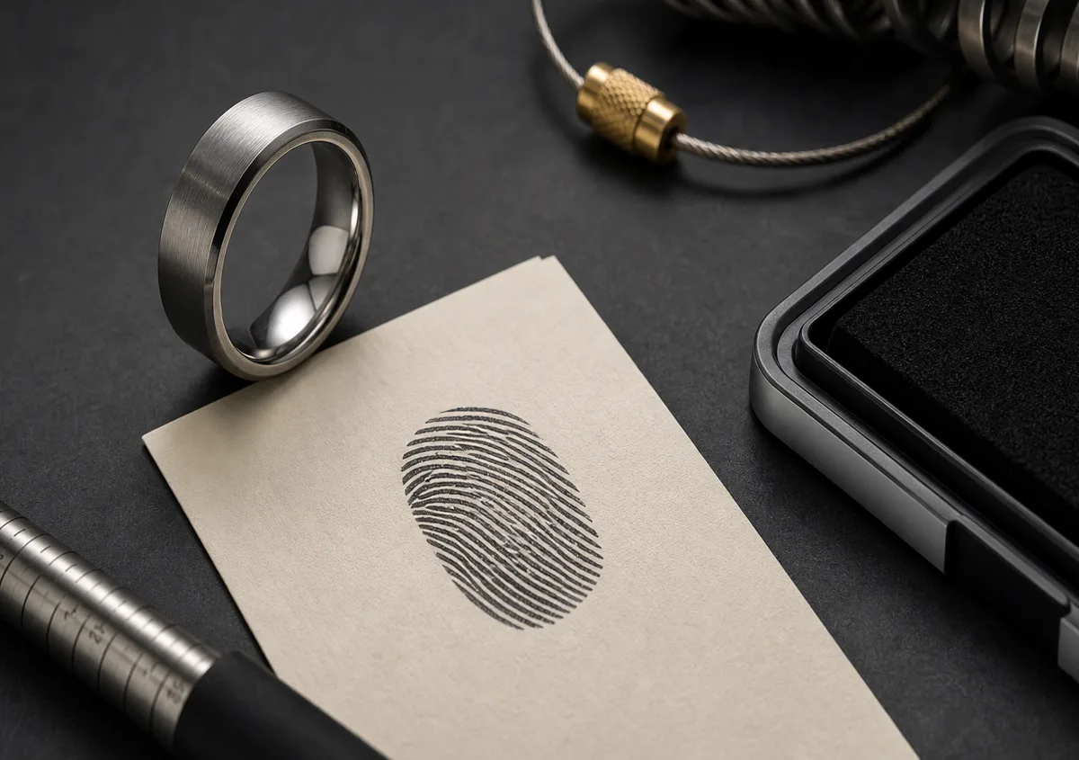 Memorial fingerprint ring source guide with a clear print card, crop notes, and a quiet silver band