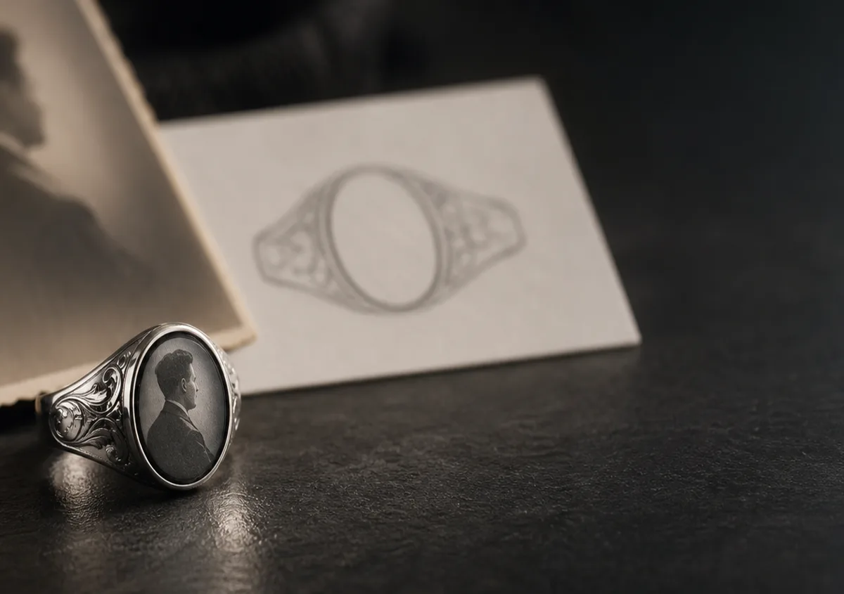 Photo silhouette memorial ring guide with a portrait reference, simplified outline, and silver keepsake band